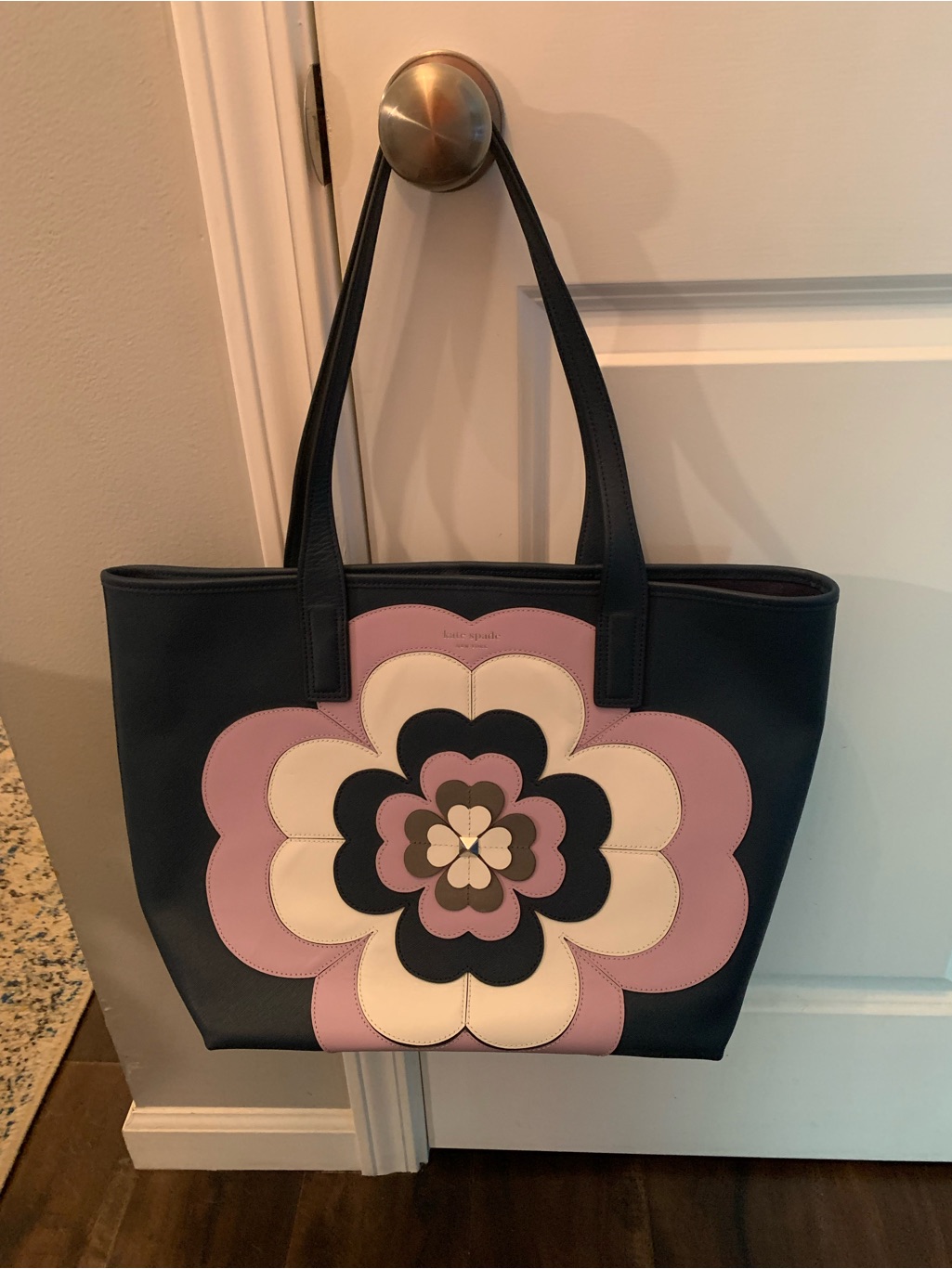 Kate Spade Navy Tote With Pink And Cream Floral Appliqu
